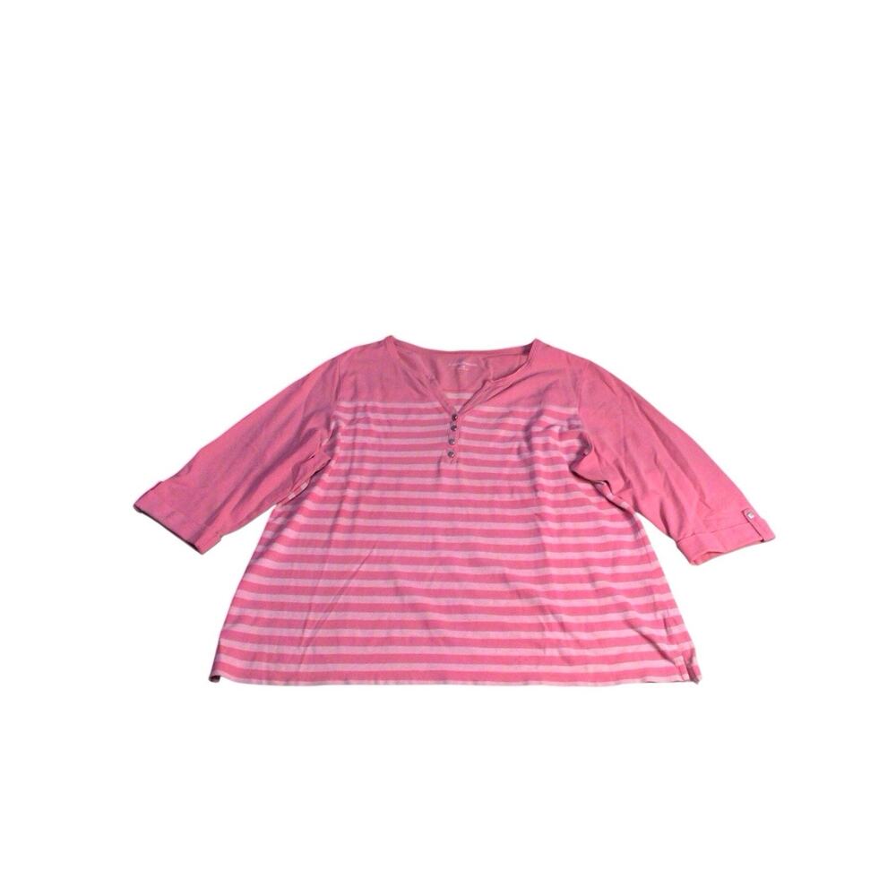 Croft & Barrow Womens Henley Top Blouse 3/4 Sleeves Cotton Pink Striped Size 2X